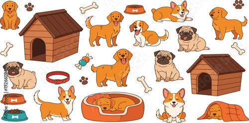 Cute Dog Cartoon Set with Puppies Dog House Bowls Bones Toys and Sleeping Pets Adorable Domestic Animal Collection Vector Illustration