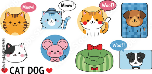 Cute Kawaii Pet Animal Vector Icon Set Featuring Ginger Cats, Puppies, Pink Mouse, and Pet Bed for Stickers, Stationery, and Kids Design