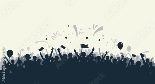 Silhouette of cheering crowd with fireworks and balloons at a celebration