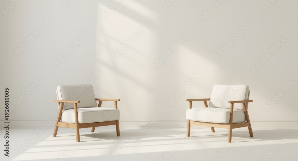 Fototapeta premium Minimalist white room with creamy cozy armchairs and an empty painted wall background for interior mockup