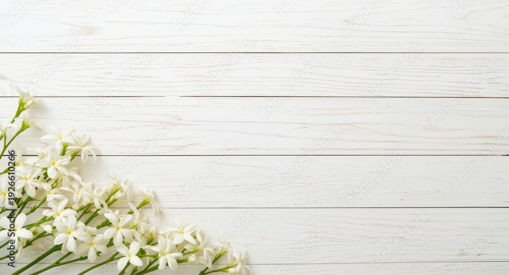 Obraz premium White wood panel backdrop accented by vibrant jasmine flowers and copy space