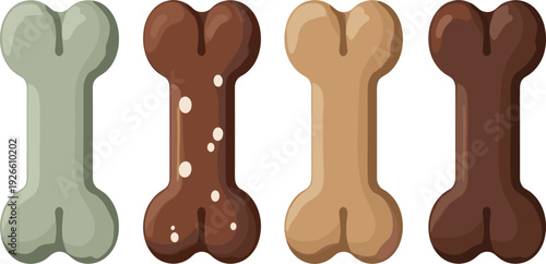 Dog Bone Treat Set in Different Colors Featuring Cartoon Pet Chew Snacks for Puppy Training Rewards and Veterinary Branding Vector Illustration