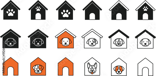 Dog House and Pet Kennel Icon Set with Puppy Faces, Paw Prints, and Animal Shelter Symbols for Pet Care, Veterinary Apps, and Grooming Services