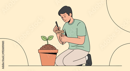 Flat vector illustration of a man kneeling beside a pot plant while using a smartphone and stylus on a table