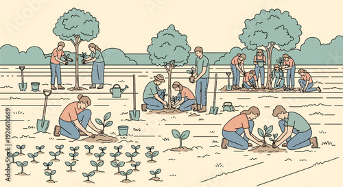 Flat vector illustration of people planting trees in a field, showcasing community effort, nature, and sustainable environment