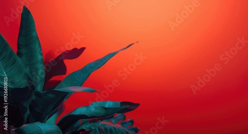 Underwater jungle leaves artwork with vibrant red orange background and copy space for text