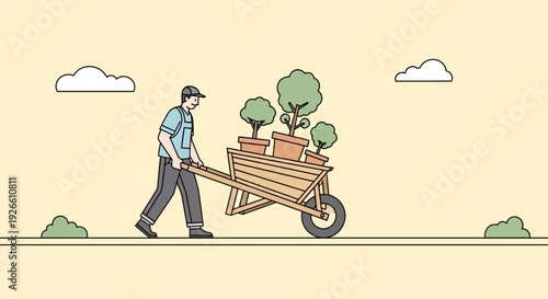 Flat vector illustration of a man pushing a wooden wheelbarrow filled with plants, wearing a blue shirt, dark pants, and a cap in a garden scene