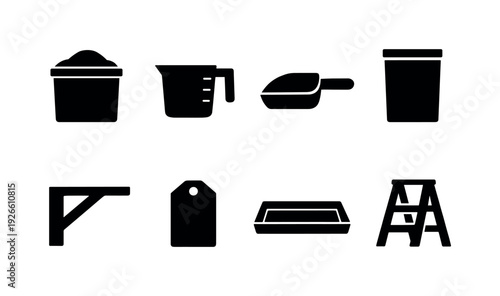 Home flour container items: flour bin, measuring cup, scoop, airtight container, shelf bracket, label tag, tray, step ladder