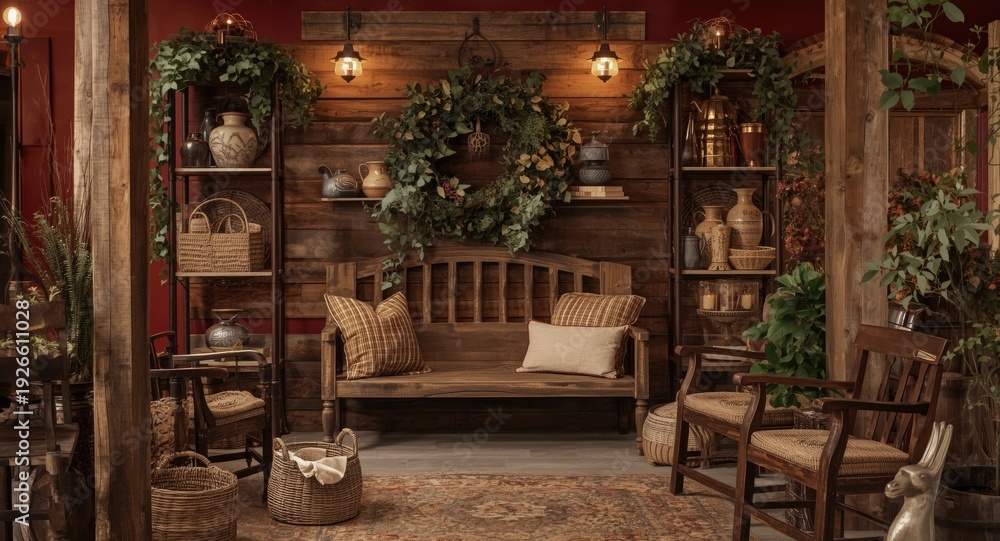 Fototapeta premium Rustic home interior featuring wooden bench and chairs with decorative accents in a warm red room