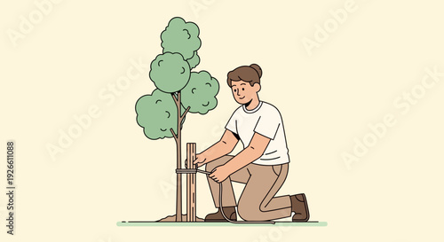 Flat vector illustration of a man kneeling beside a tree, hammering a stake into beige ground with grass below, viewpoint from front