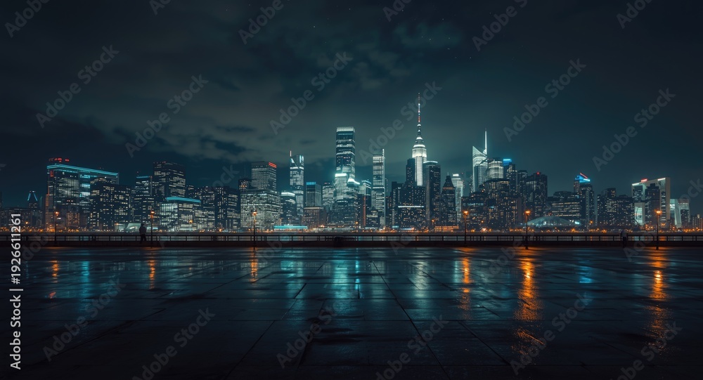 Fototapeta premium Night city skyline with illuminated windows and dark sky