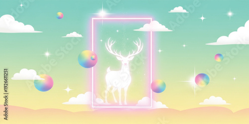 Magical Fantasy Deer in Neon Portal with Pastel Sky Clouds and Floating Holographic Spheres Dreamy Surreal Nature Background Vector Illustration