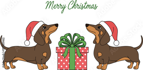 Merry Christmas Greeting Card Design with Two Cute Dachshund Dogs Wearing Santa Hats Standing Near Red Polka Dot Gift Box with Green Ribbon
