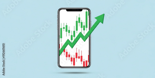 Mobile Stock Trading App Interface with Rising Candlestick Chart and Upward Arrow Financial Investment Growth Online Market Analysis Vector Illustration