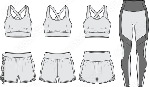 Women activewear technical vector illustration, sports bra shorts leggings blueprint drawing, fitness apparel front back views, stitching detail layout