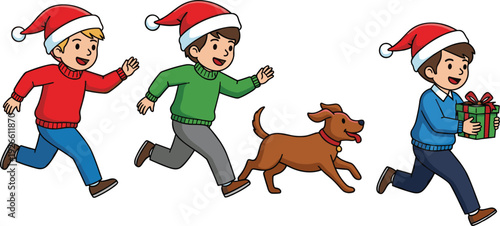 Happy children wearing Christmas hats running with excited dog while carrying festive holiday gift, joyful winter celebration illustration for seasonal themes