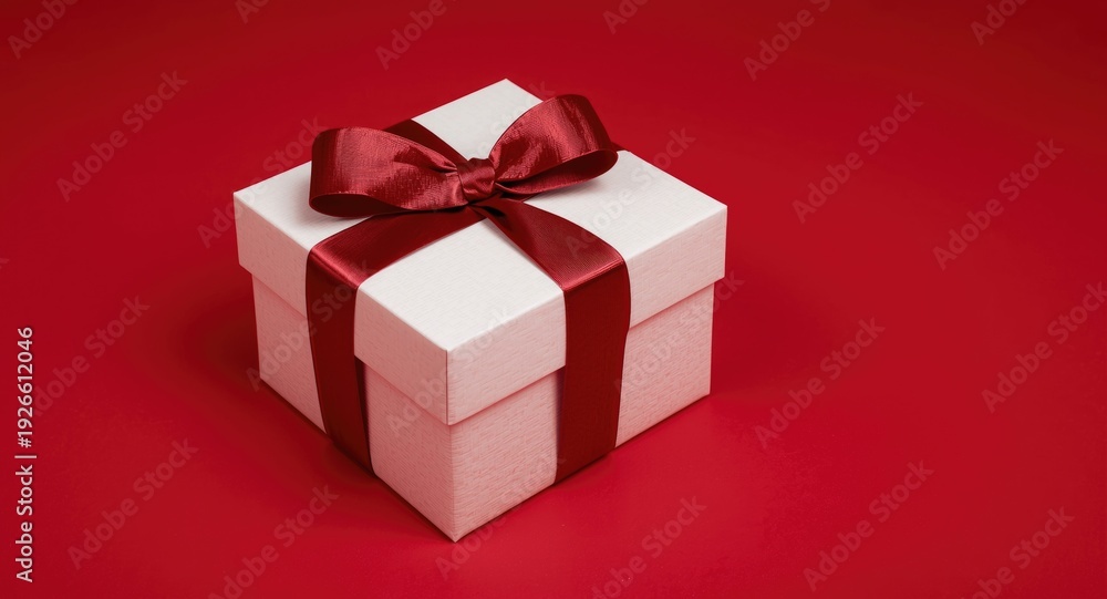 Fototapeta premium Elegant white gift box featuring a ruby ribbon displayed on a bright red background ideal for celebrations
