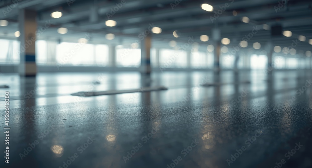 Fototapeta premium Calming modern indoor parking lot scene with glossy wet floor and softly blurred bokeh light backdrop