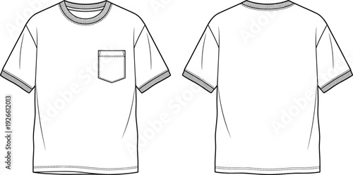 Pocket t shirt technical vector illustration, casual apparel blueprint drawing, front back views, crew neck short sleeve stitching detail layout