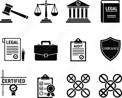 Set of 12 black and white icons representing legal, justice, audit, certification, and drone technology concepts, isolated on white background