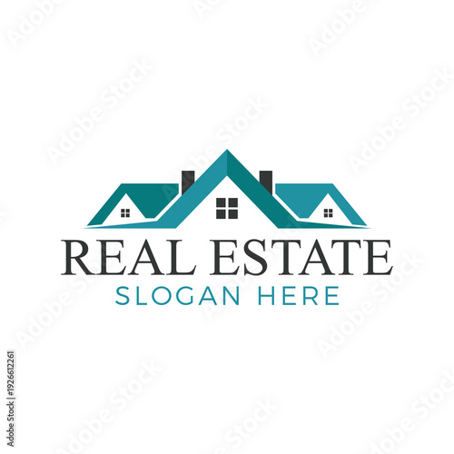Modern real estate logo with house icons and customizable slogan