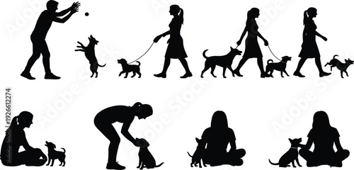 People Walking Playing and Caring for Dogs Silhouette Collection with Pet Owners and Puppies Animal Training and Outdoor Activity Vector Set