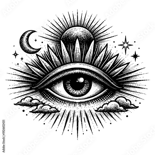 Mystical All-Seeing Eye with Sun, Moon, Stars, and Clouds Engraving - Esoteric Symbolism for Spiritual Awakening, Enlightenment, and Divine Protection - Sacred Geometry Occult Art Print for Meditation