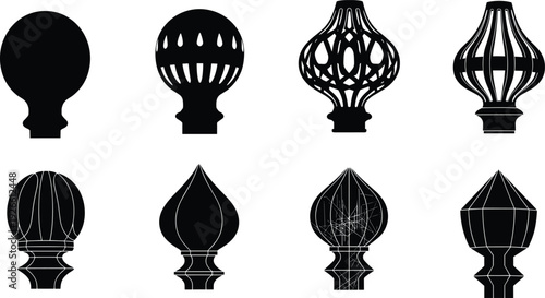 Set of decorative finial silhouettes and post cap icons for architectural design woodworking furniture hardware curtain rod ends and home decor
