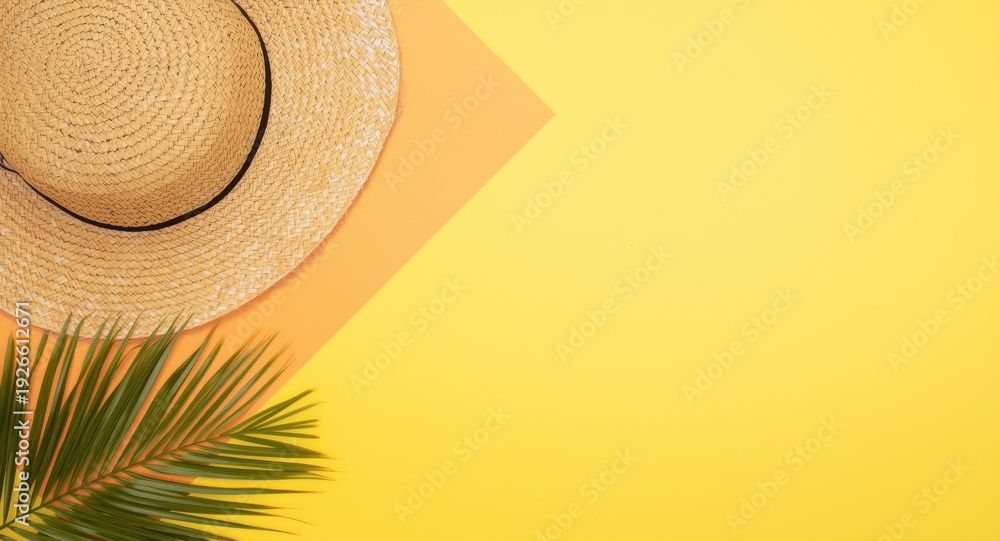 Fototapeta premium Summer vacation flat lay with straw sun hat and tropical palm fronds on colorful paper surface featuring copy space