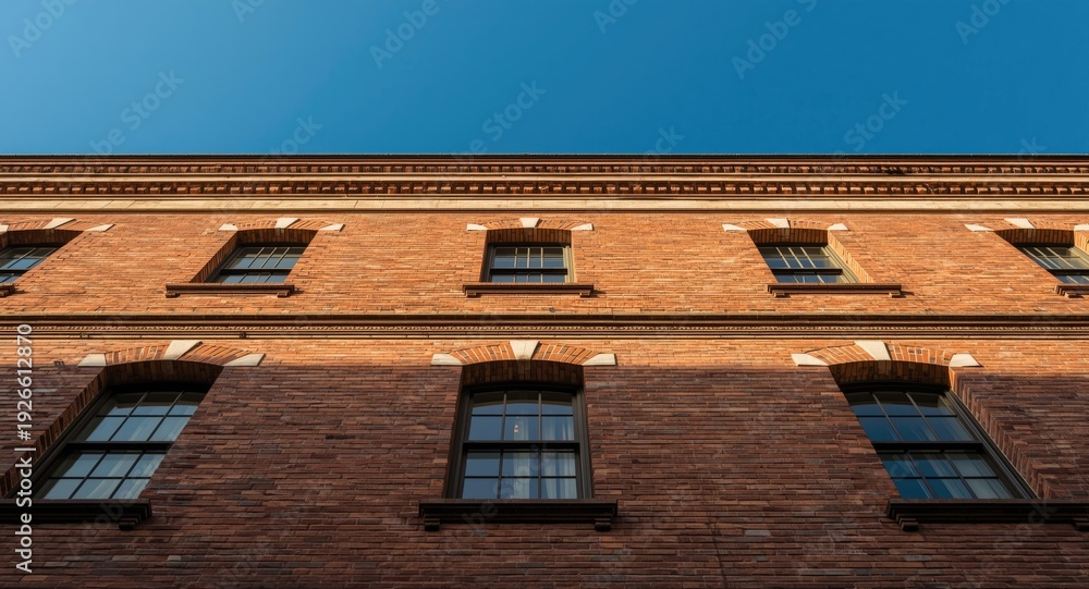 Obraz premium Brick building exterior enriched by several rectangular windows and intricate masonry