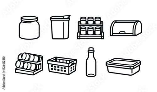 Home pantry storage items: storage jar, cereal container, spice rack, bread box, can organizer, storage basket, glass bottle, food container