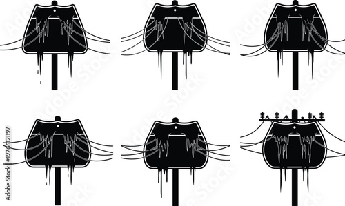 Set of distorted dripping signboard silhouettes with melting effects, abstract damaged signage, grunge style artwork, black and white vector illustration design