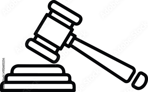 Black and white line icon of a judges gavel striking a sound block, symbolizing law, justice, auction, or authority