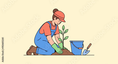 Flat vector illustration of a kneeling gardener planting a tree beside a blue bucket and shovel in a sunny landscape