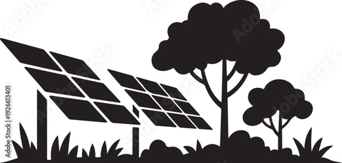 Solar panels and trees in black silhouette on white background