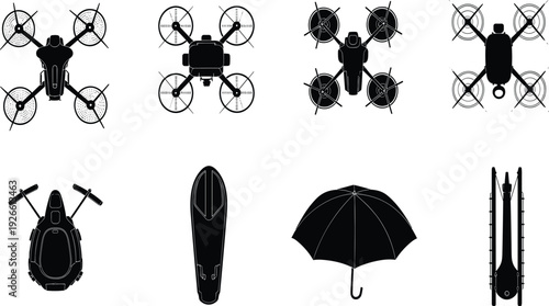 Set of drone quadcopter silhouettes, aerial vehicle icons, technological flight equipment, remote control aircraft symbols, modern surveillance and delivery drone illustrations