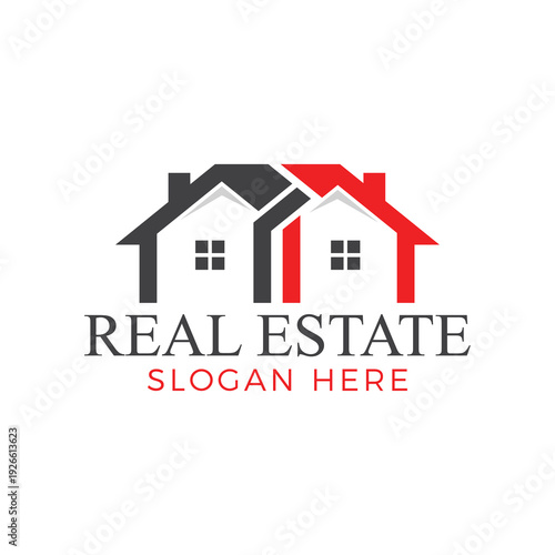 Modern real estate logo with two house icons and customizable slogan