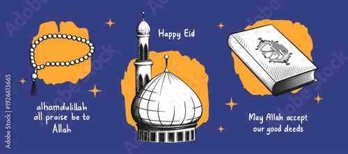 Islamic vector art. Illustration of mosque dome, Al Quran, prayer beads for banner, poster, card, book cover.