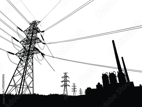 Set of hand drawn electrical power line pylon sketches, industrial transmission tower vector illustrations, high voltage energy infrastructure silhouettes, factory landscape.