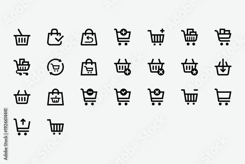 Shopping Carts and Baskets Line Icon Set