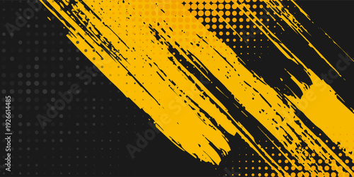 Black and yellow abstract background with brushstroke and halftone style.
