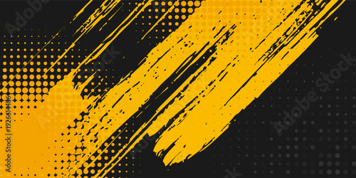 Black and yellow abstract background with brushstroke and halftone style.