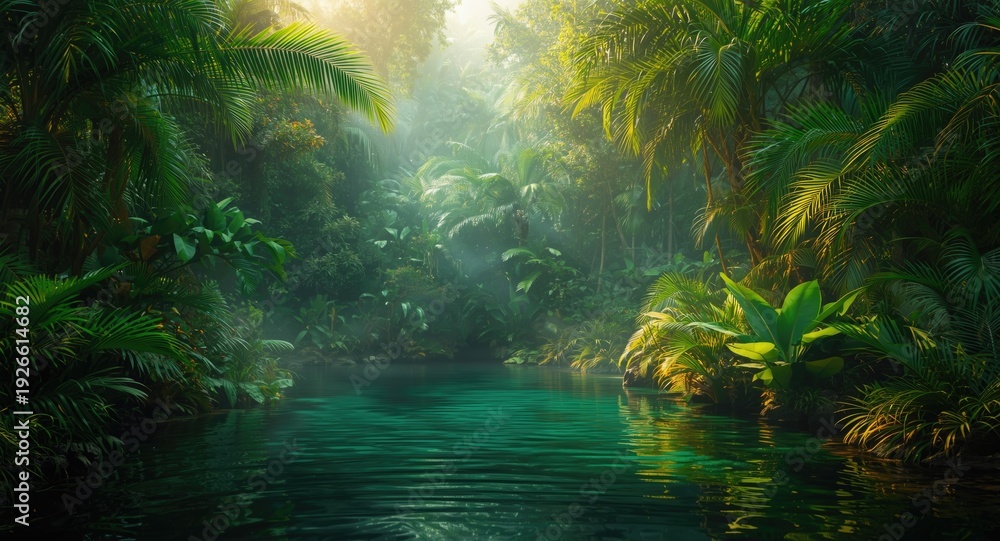 Naklejka premium Tropical jungle game backdrop featuring serene pond and verdant palms