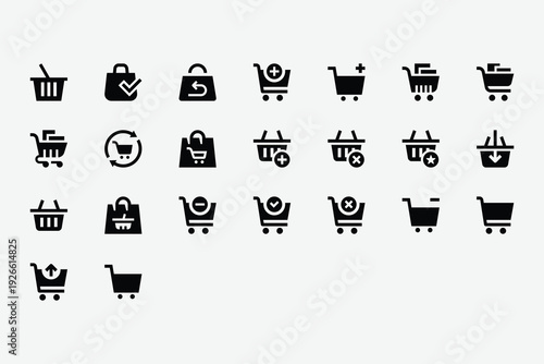 Shopping Carts and Baskets Solid Icon Set