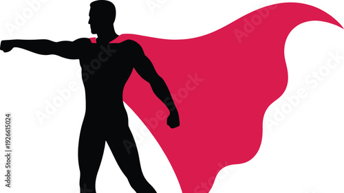 Superhero silhouette vector illustration, powerful hero icon symbol, flying cape comic character, strong super hero isolated on white background