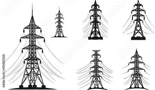 Set of hand drawn high voltage electrical power line pylon sketches, industrial transmission tower illustrations, utility worker silhouette maintenance, energy infrastructure.