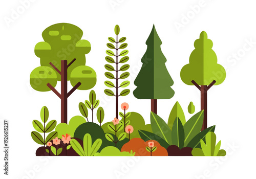 Flat illustration of a lush forest landscape with diverse trees, plants, and flowers against a clean white background for a background video.