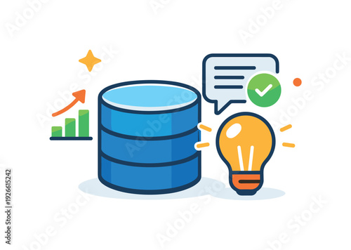 Artificial intelligence powered data insights transforming raw information into strategic knowledge, a simple database cylinder paired with a small
