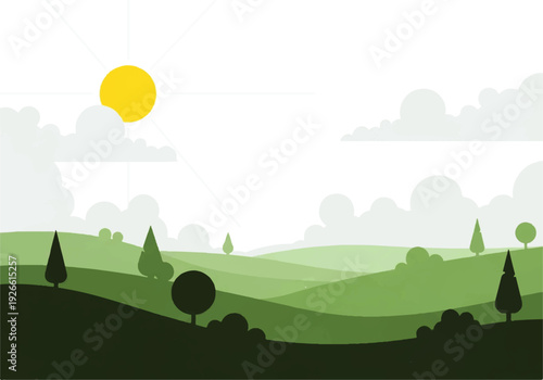 A serene landscape with rolling green hills, trees, and a bright sun in a stylized, flat design against a background video of cloudy sky.