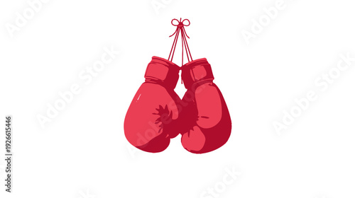 Two red boxing gloves hang from a tied string against a plain white background